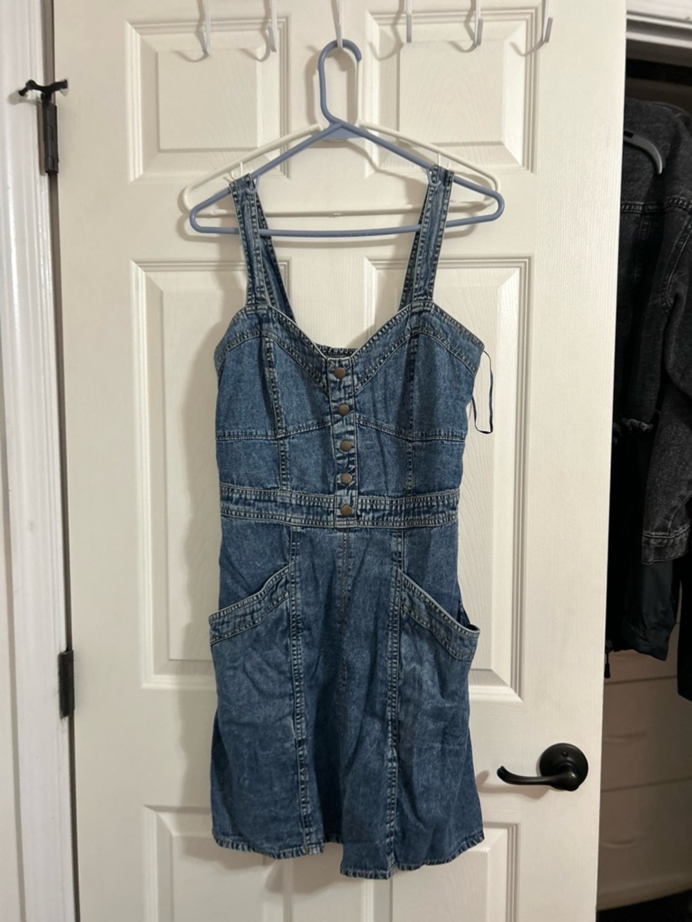 Denim Button-Front Jumper Dress in Medium Blue